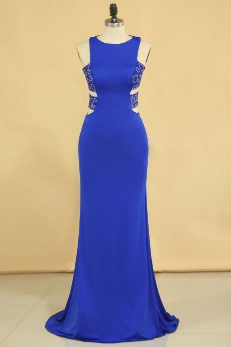 Plus Size Scoop Prom Dresses Dark Royal Blue Mermaid Spandex With Beading Sweep Train,pl5611