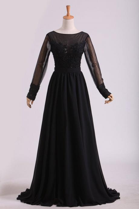 Black Evening Dresses Long Sleeves A Line Chiffon With Applique &amp;amp; Slit,pl5627