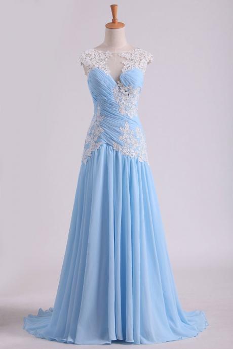 Prom Dress Bateau Neckline Pleated Bodice Pick Up Chiffon Skirt With Applique,pl5628