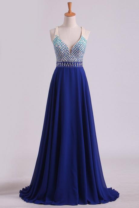 Prom Dresses V Neck Beaded Bodice A Line Open Back Dark Royal Blue Chiffon & Tulle,pl5630