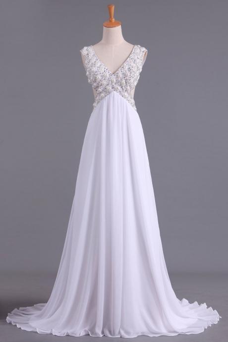 White V-neck Prom Dresses A Line Chiffon With Beading,pl5634