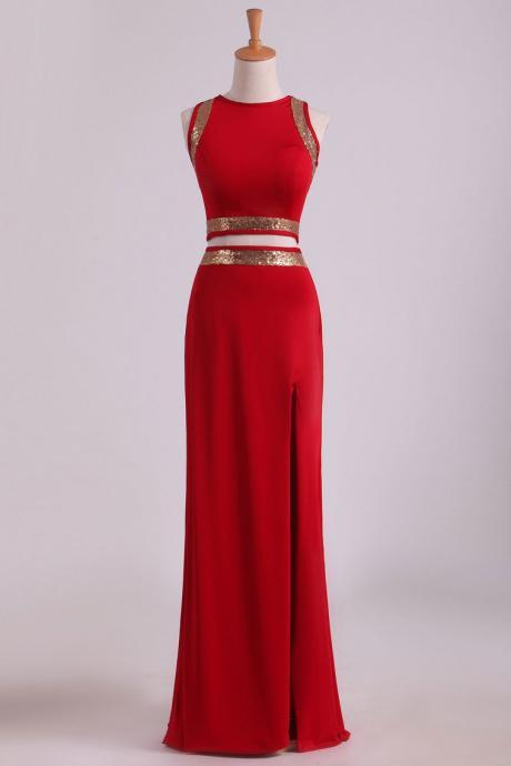 Open Back Prom Dresses Two Pieces Spandex With Beads And Slit Sheath,pl5636