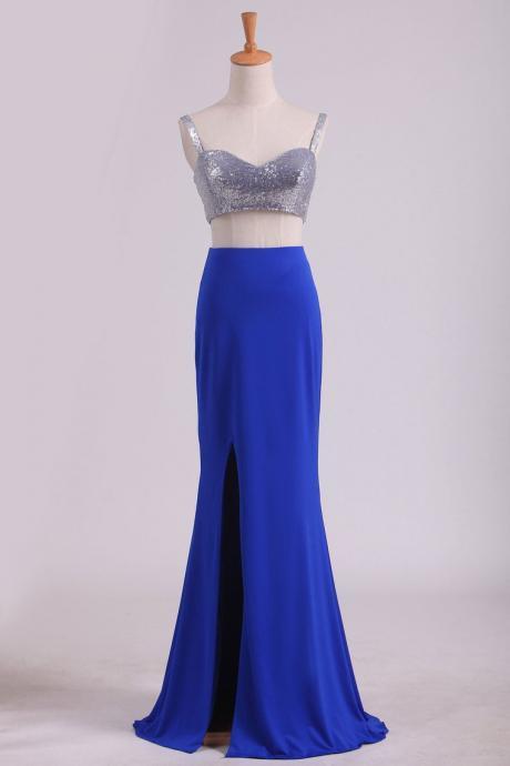Spaghetti Straps Two Pieces Sheath Prom Dresses Spandex With Slit And Beads,pl5640