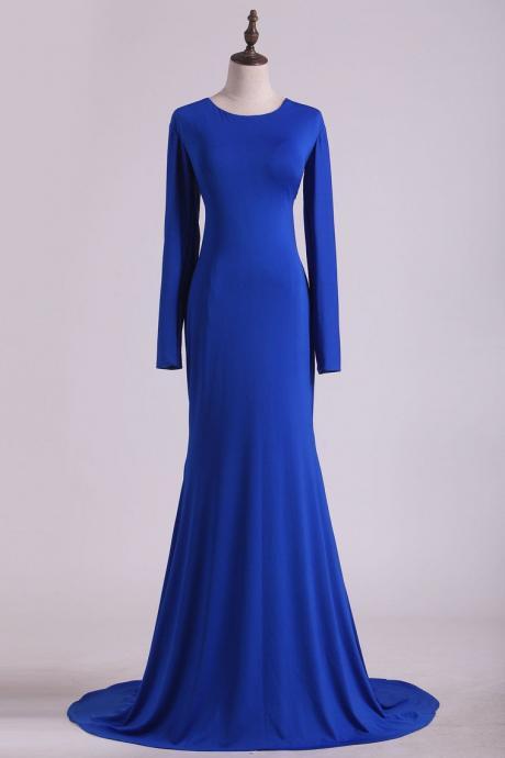 Scoop Prom Dresses Long Sleeves Spandex Open Back Dark Royal Blue,pl5647