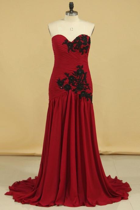 Burgundy/maroon Sweetheart Mermaid Chiffon Evening Dresses With Ruffles And Applique,pl5665