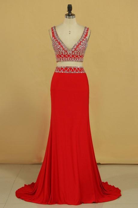 Two Pieces V Neck Prom Dresses Sheath Spandex With Beading Floor Length,pl5667