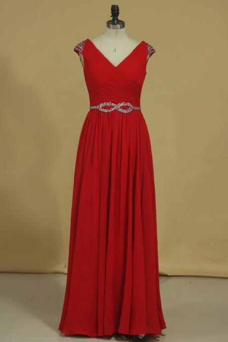 A Line V Neck Chiffon Prom Dresses With Beads And Ruffles Floor Length,pl5676