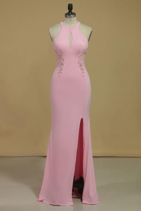 Sheath Scoop With Beading And Slit Prom Dresses Sweep Train Spandex,pl5677