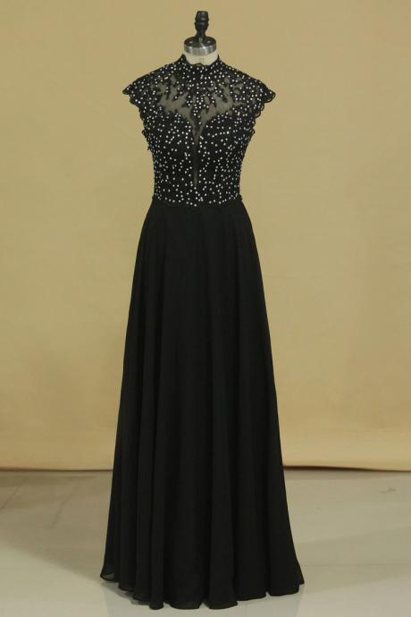 Black High Neck Prom Dresses A Line Chiffon With Applique And Beads,pl5680