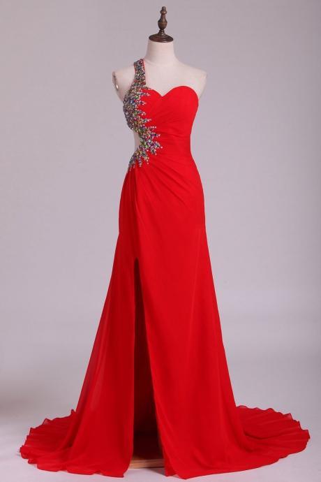 One Shoulder Sheath Prom Dresses Red Chiffon With Beads And Slit,pl5683