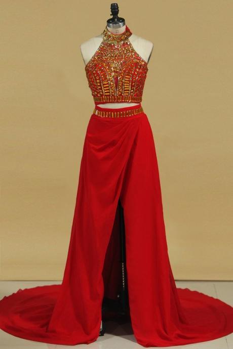 Two-piece High Neck With Beading Chiffon Prom Dresses,pl5687