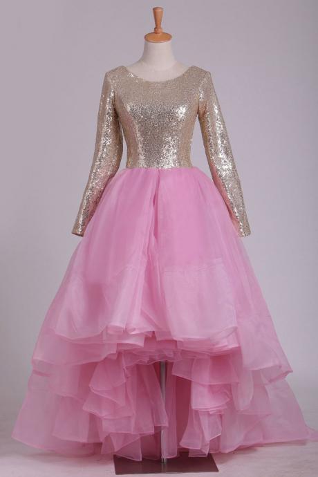 Long Sleeves Scoop Asymmetrical Sequined Bodice Prom Dresses A Line,pl5690