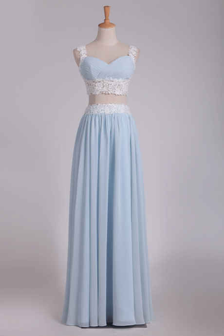Two-piece Spaghetti Straps A Line With Applique And Ruffles Chiffon Prom Dresses,pl5696