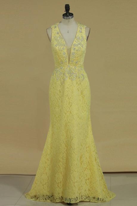 Open Back Prom Dresses V Neck With Applique And Beads Lace,pl5700