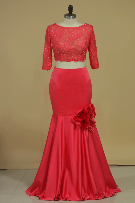 Two-piece Bateau Mermaid Prom Dresses Satin With Beads And Handmade Flowers,pl5704