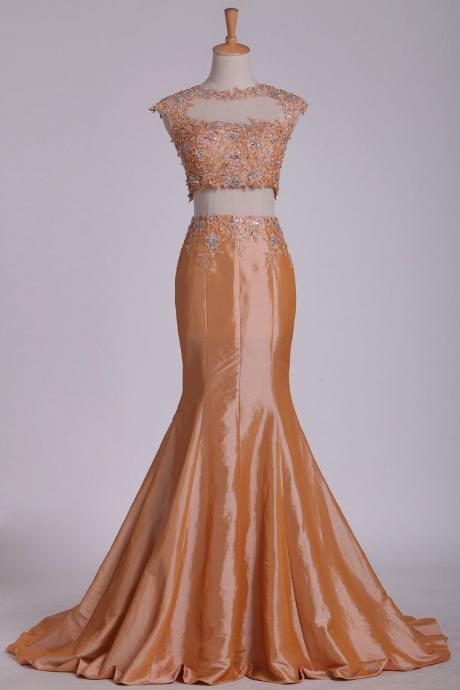 Taffeta Two Pieces Prom Dresses Bateau Mermaid With Beading And Applique Sweep Train,pl5707