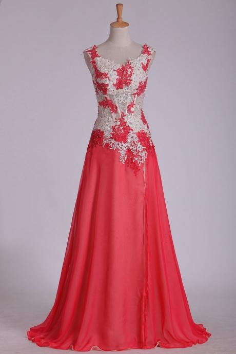 Straps Prom Dresses A Line Chiffon With Applique And Beads Sweep Train,pl5708