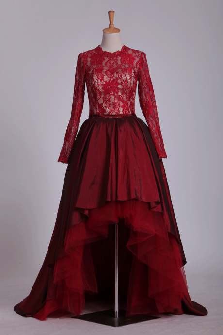 Burgundy Asymmetrical Prom Dresses Long Sleeves Taffeta & Tulle ,pl5709