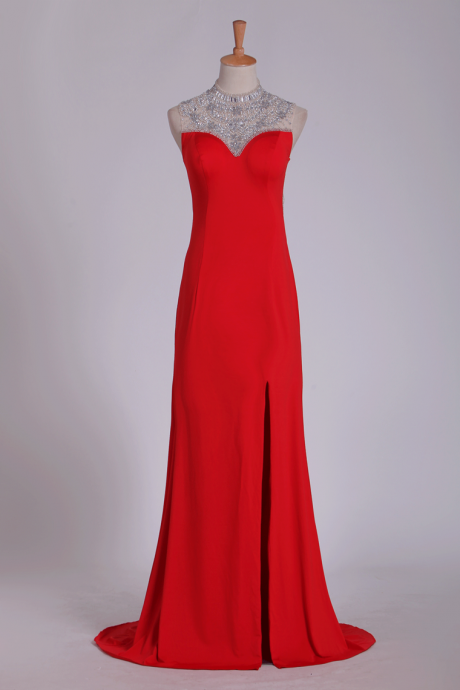 Red High Neck Prom Dresses Sheath/colum With Beading Sweep Train,pl5710