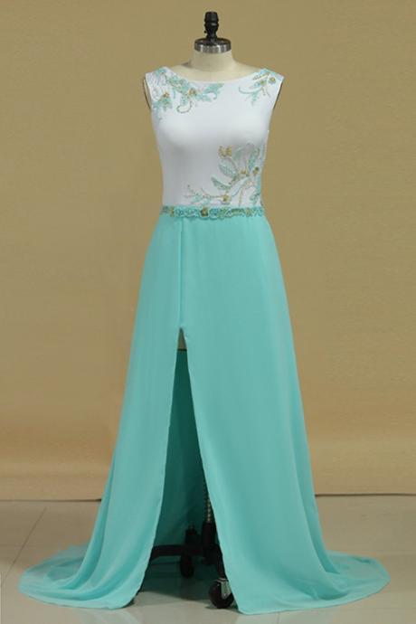 A Line Scoop Prom Dresses With Beads And Slit Sweep Train Chiffon,pl5717
