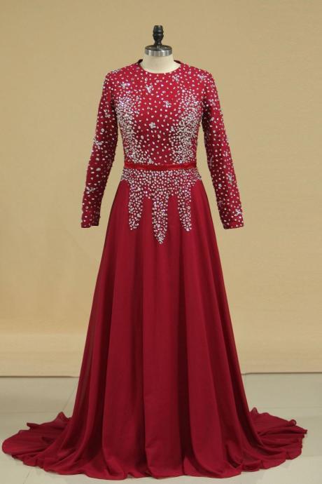 Muslim Prom Dresses Long Sleeves With Beading Floor Length,pl5719