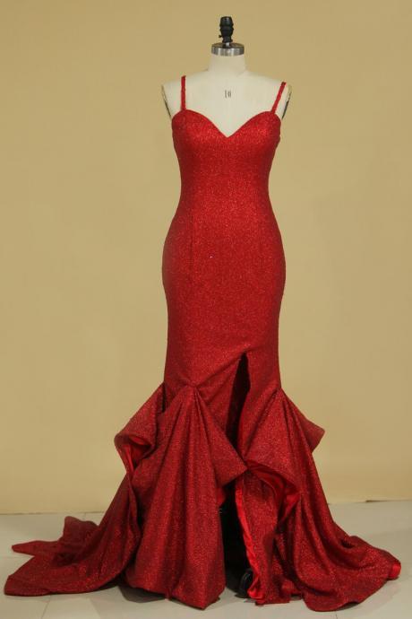 Mermaid Spaghetti Straps Sequins With Slit Prom Dresses,pl5724