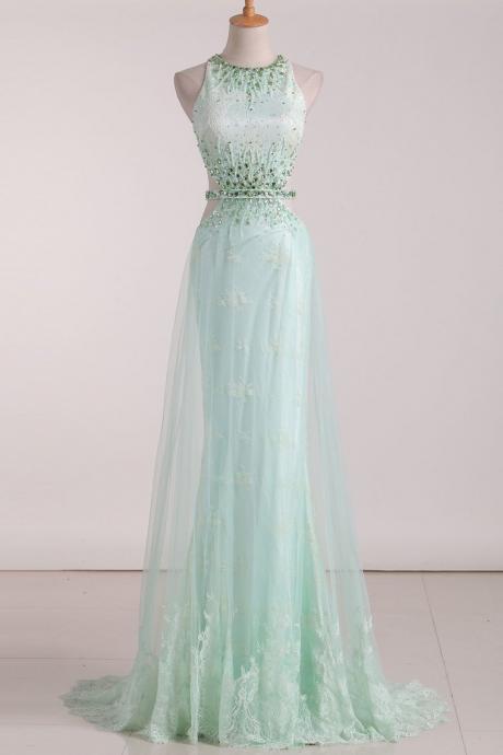 Scoop Mermaid Tulle Prom Dresses With Beads And Applique,pl5725