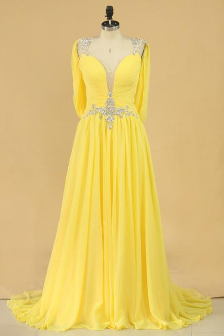 Prom Dresses A Line V Neck Chiffon With Applique And Beads,pl5728