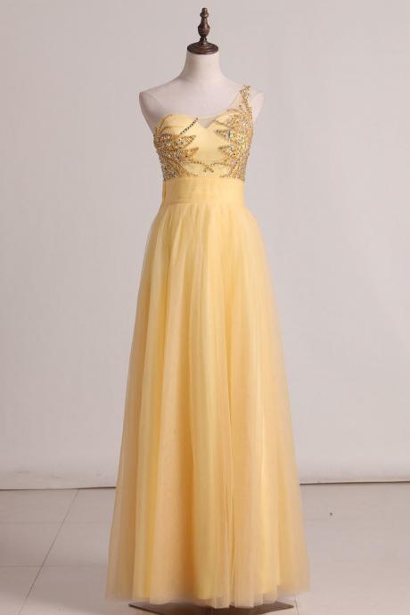 A Line One Shoulder Prom Dress Beaded Bodice Tulle Floor Length,pl5743
