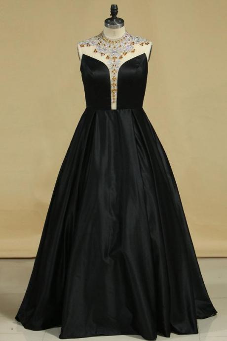 Prom Dresses High Neck Satin With Beading A Line,pl5750