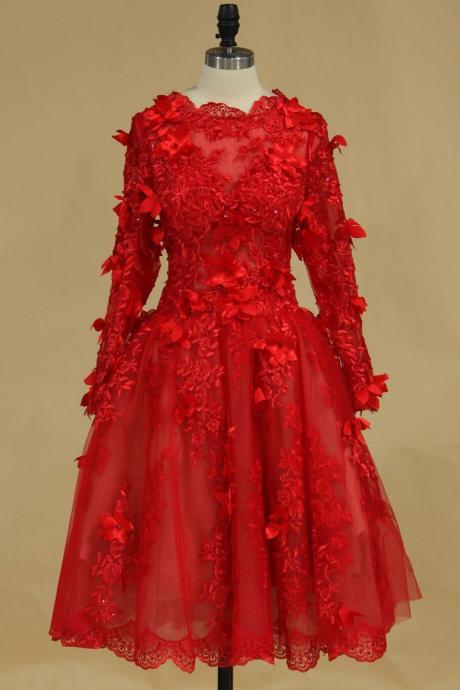 Long Sleeves Bateau Prom Dresses A Line With Applique Tulle Red,pl5752