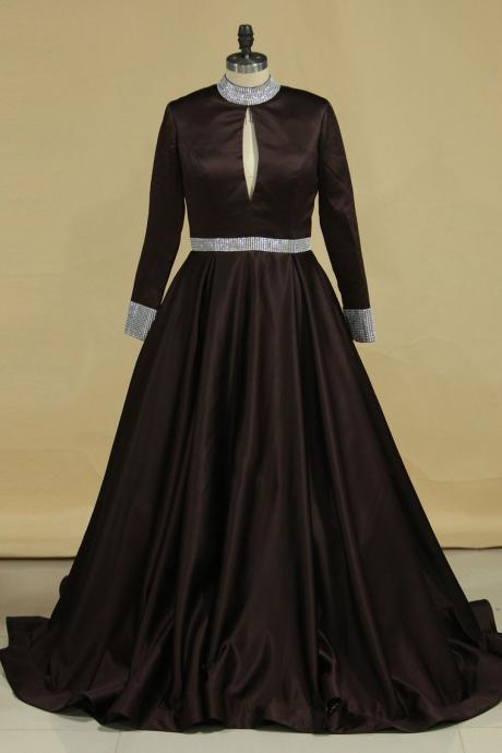 High Neck Long Sleeves Prom Dresses A Line Satin With Beading,pl5753