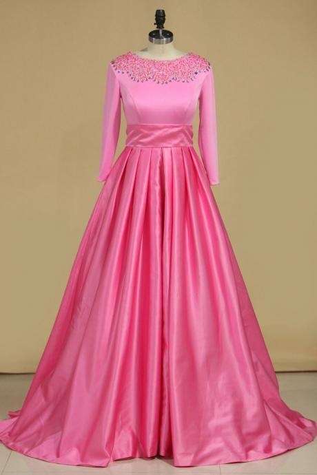 Scoop Prom Dresses 3/4 Length Sleeves Satin With Beads A Line,pl5755