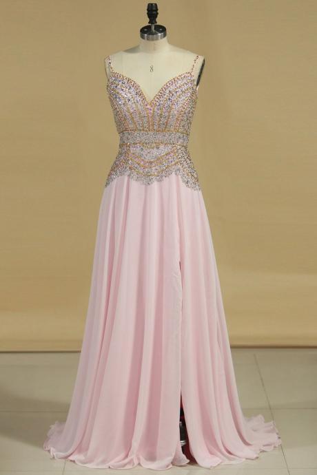 Spaghetti Straps Prom Dresses A Line With Beads And Slit Chiffon,pl5756