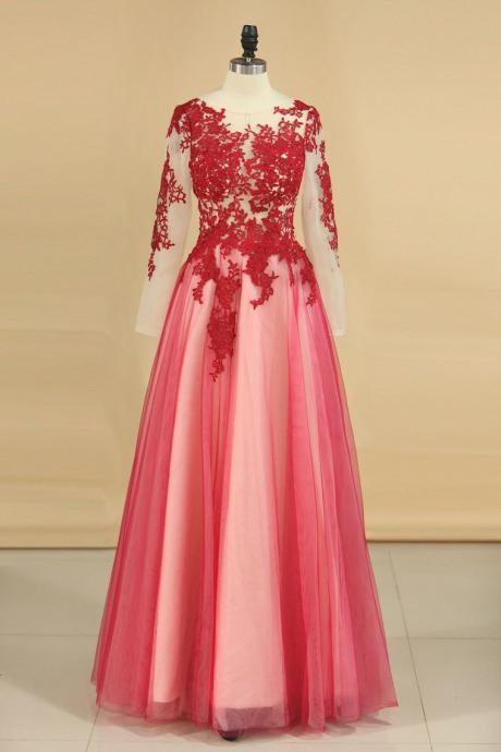 See-through Prom Dresses Scoop Long Sleeves Tulle With Applique A Line,pl5759