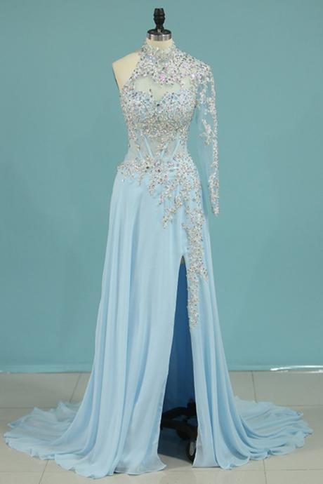 High Neck One Sleeve With Applique And Slit Prom Dresses,pl5762