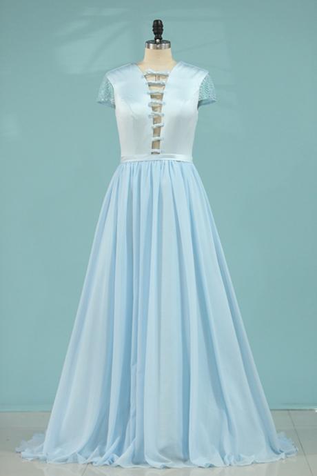 A Line Prom Dresses Short Sleeves Satin & Chiffon With Beading,pl5763