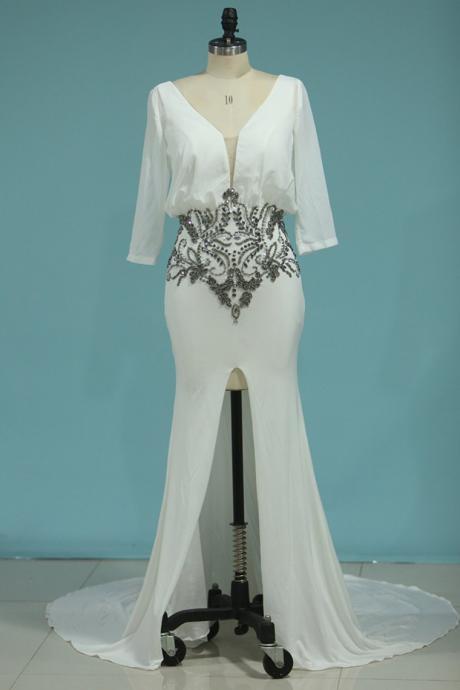 Prom Dresses V Neck 3/4 Length Sleeves Mermaid With Beads Satin & Chiffon,pl5766