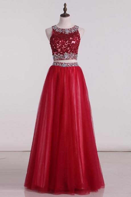 Prom Dress A Line Scoop Floor-length Two-piece Tulle Zipper Back,pl5767