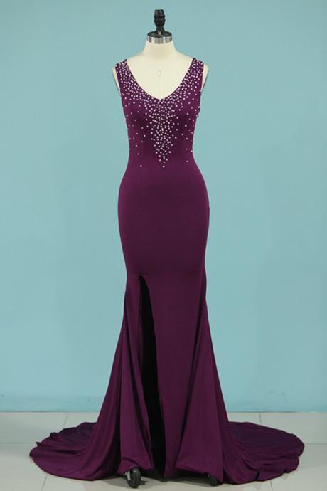 Mermaid Prom Dresses V Neck Spandex With Beads And Slit,pl5772