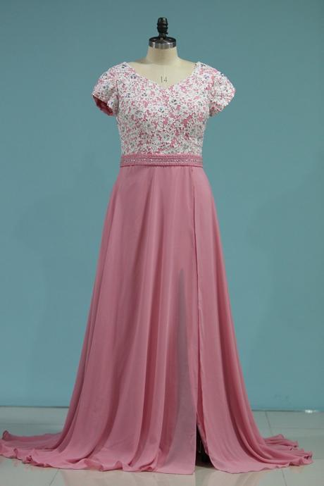Prom Dresses Short Sleeves Chiffon With Applique And Slit,pl5773