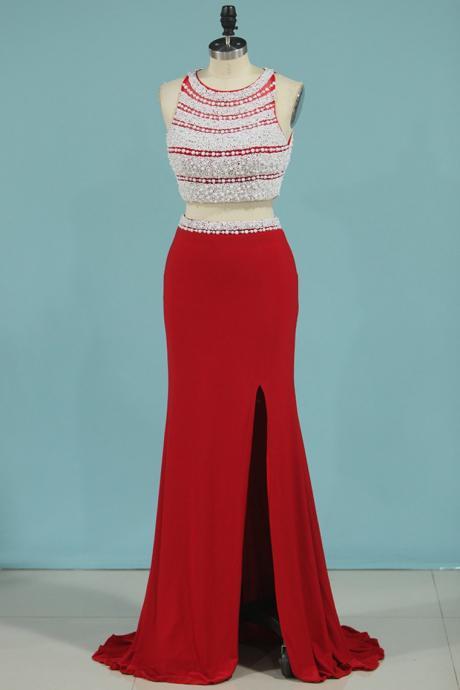 Two-piece Scoop With Beads And Slit Prom Dresses Spandex,pl5775