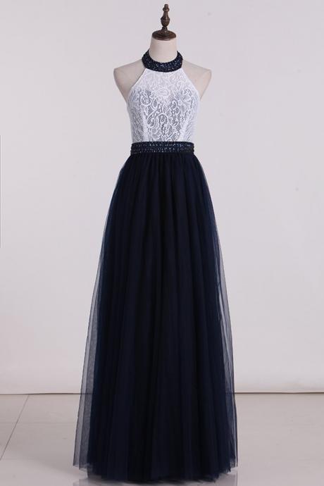 Halter With Beading A Line Prom Dresses Tulle & Lace Floor Length,pl5779