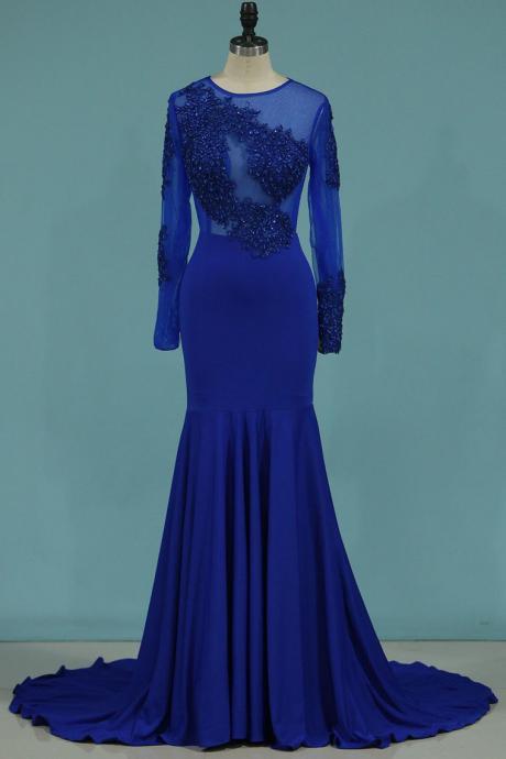 Mermaid Blue Prom Dress Long Sleeves,pl5782