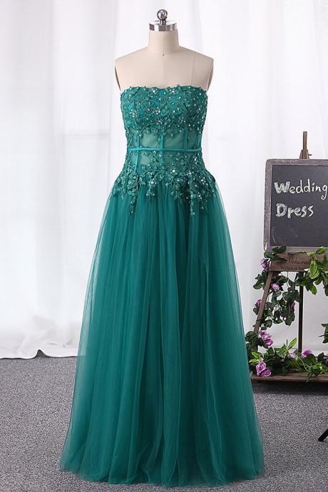 Strapless Prom Dresses A Line Tulle With Applique And Slit,pl5787