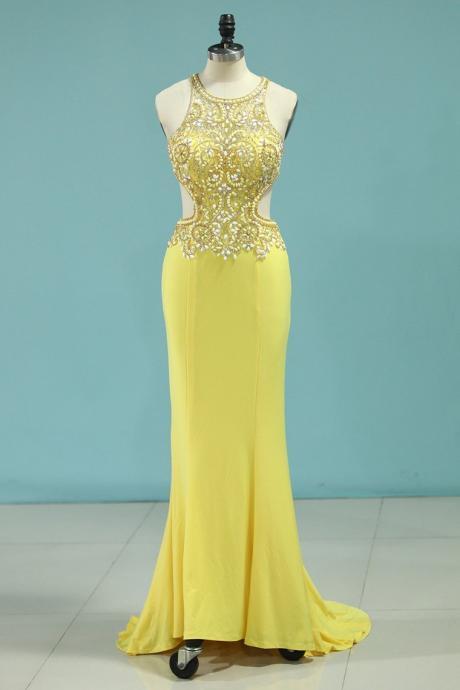 Sexy Open Back Scoop Prom Dresses Spandex With Beads,pl5789