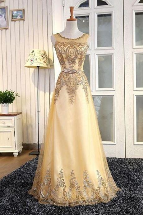 Shiny Prom Dresses A-line Scoop Floor-length Tulle With Applique And Beadings,pl5806