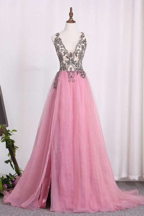 A Line Tulle Straps Prom Dresses With Beading And Slit,pl5825