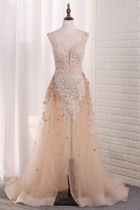 Sexy See-through Sheath Scoop Prom Dresses Tulle With Applique And Slit,pl5830