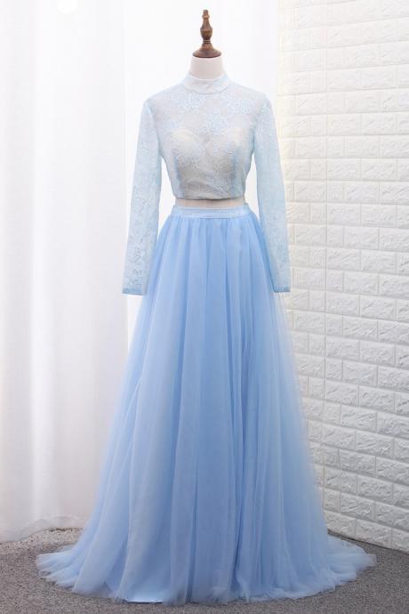 Two-piece High Neck Evening Dresses Tulle & Lace With Slit A Line,pl5834